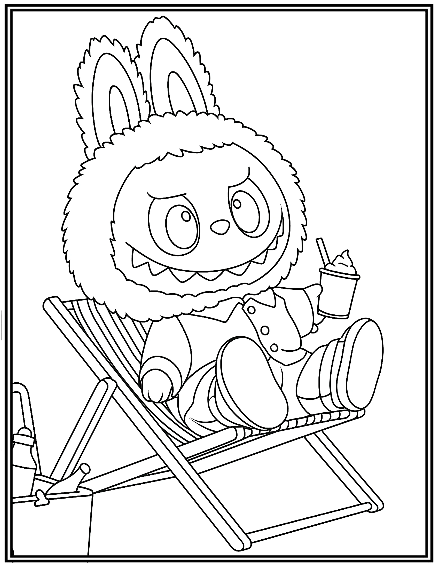 Labubu On Beach Chair While Enjoying a Cold Drink At The Beach Coloring Pages