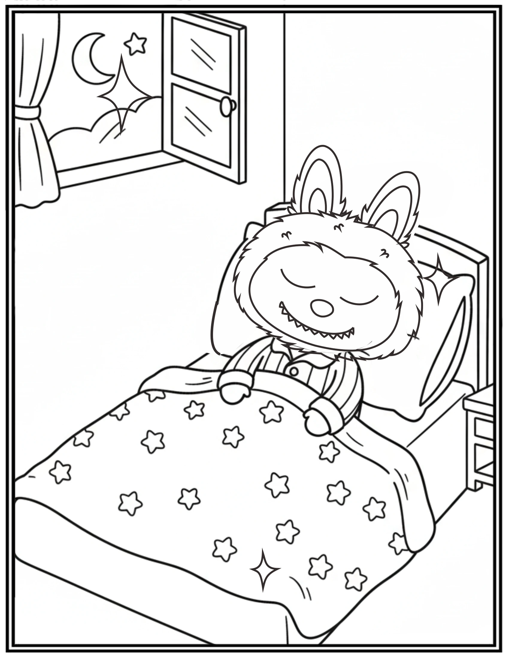 Labubu Peacefully Sleeping In Bed On A Quiet Night Coloring Pages