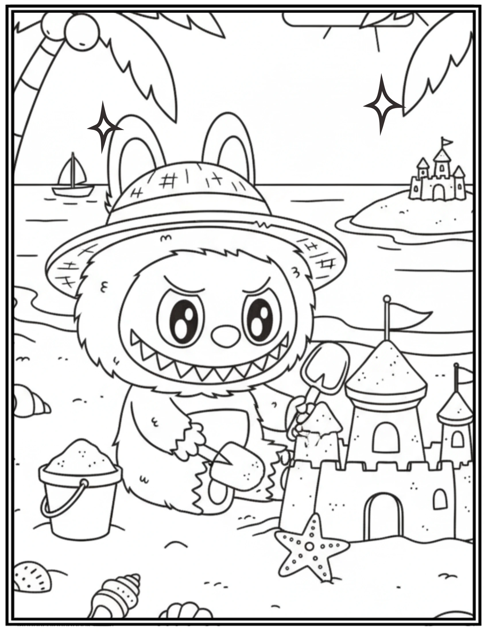 Labubu Building Beautiful Sandcastle At The Beach Coloring Pages