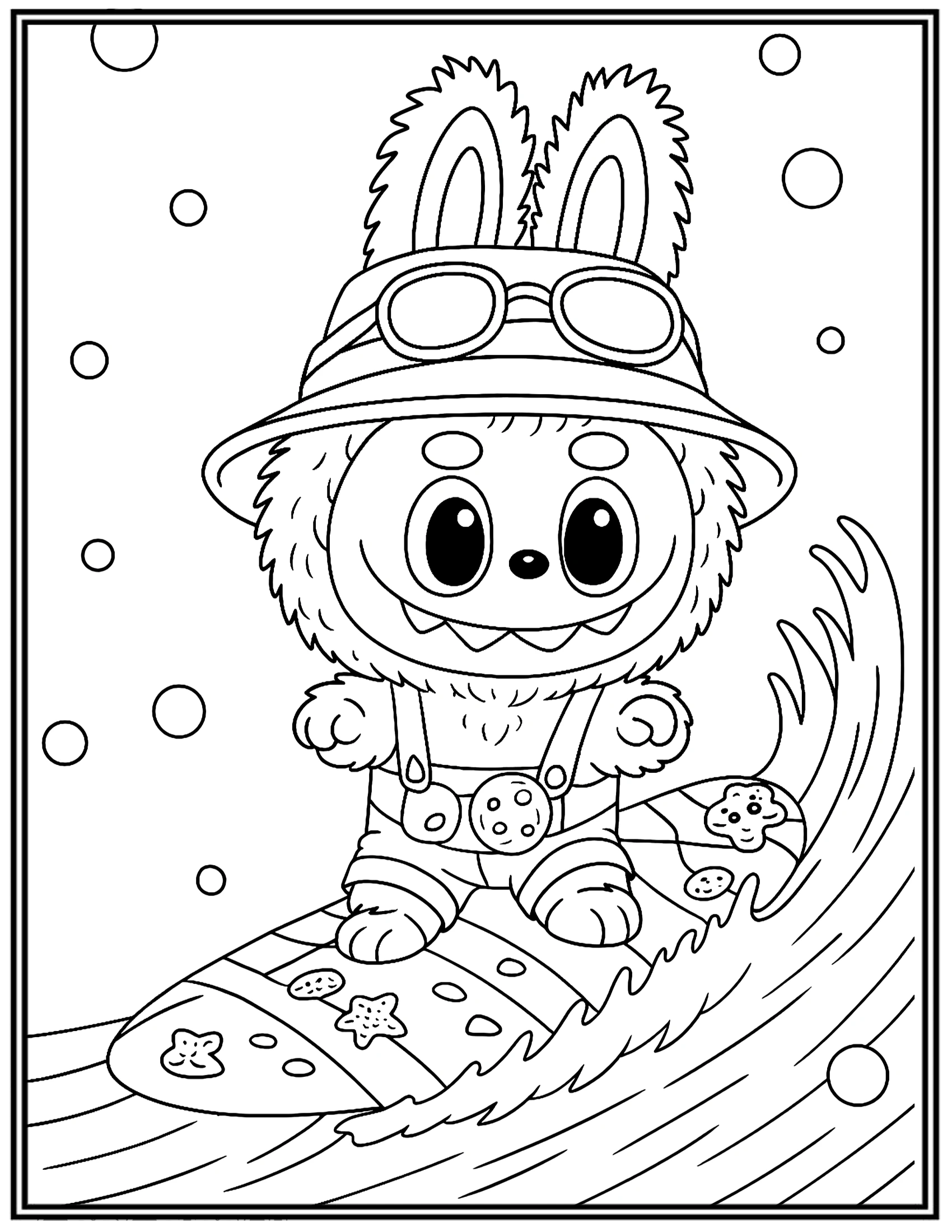 Labubu Surfing On a Big Ocean Wave with A Joyful Expression Coloring Pages