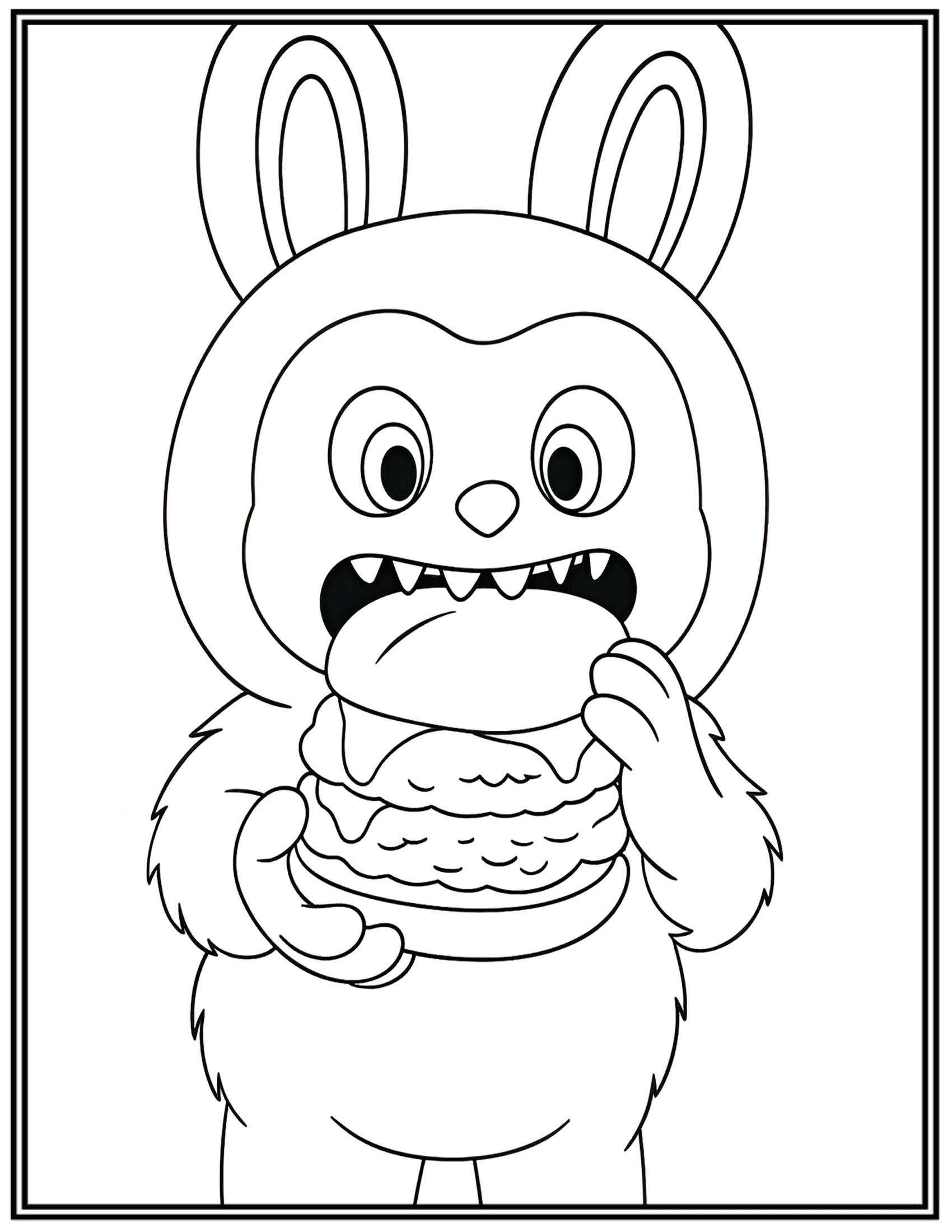 Labubu Enjoying A Big Delicious Burger Coloring Pages
