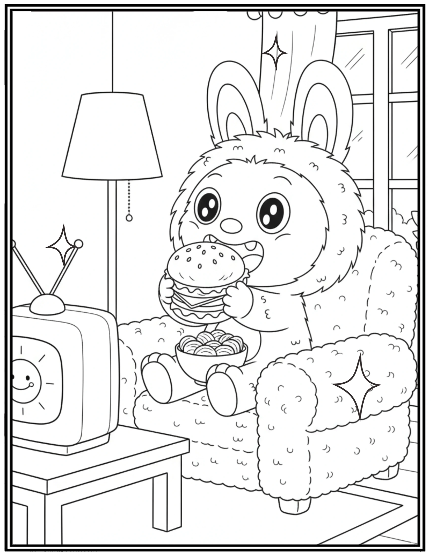 Labubu Eating A Burger While Watching TV Coloring Pages