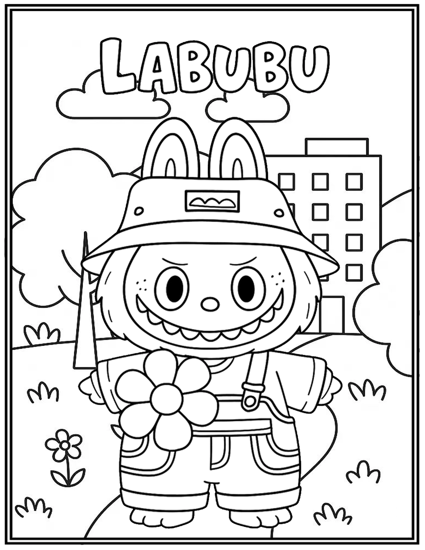 Cute Labubu with Hat Standing in a Garden Coloring Pages