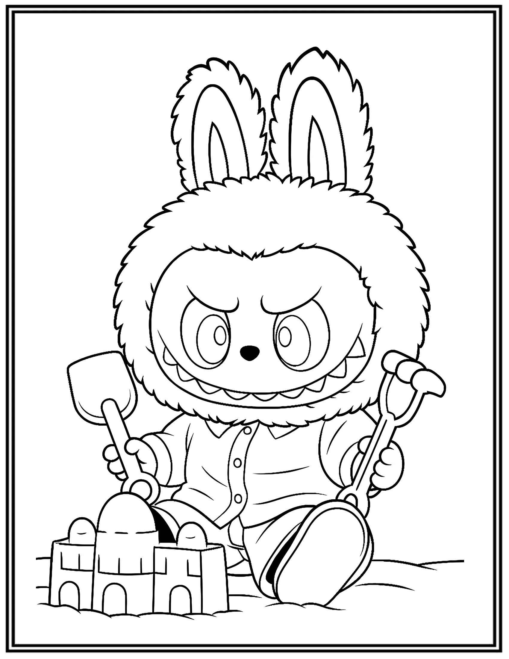 Labubu Playing on The Beach Building a Sandcastle Coloring Pages
