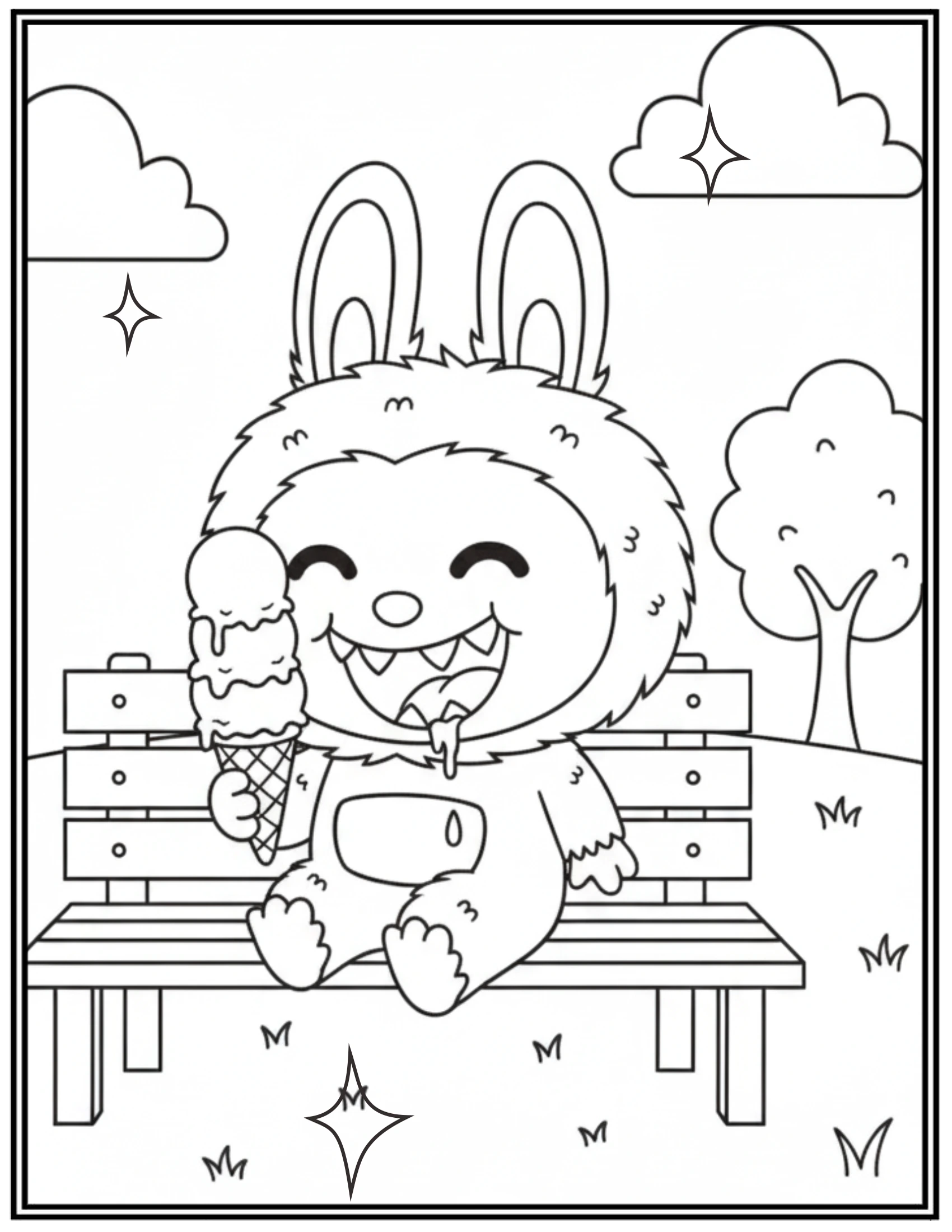 Labubu Enjoying a Triple Scoop Ice Cream Cone Coloring Pages