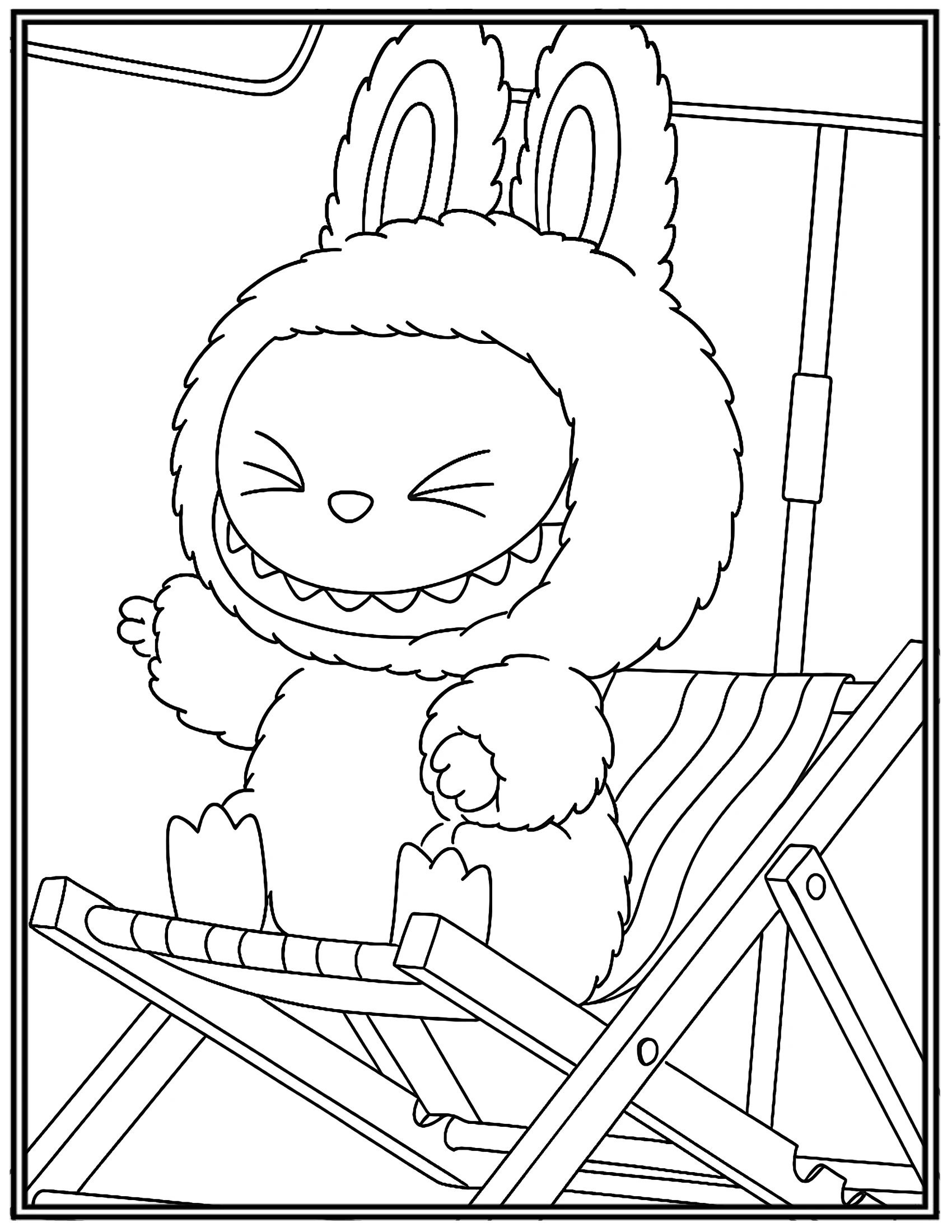 Labubu Relaxing On a Striped Beach Chair at The Beach Coloring Pages