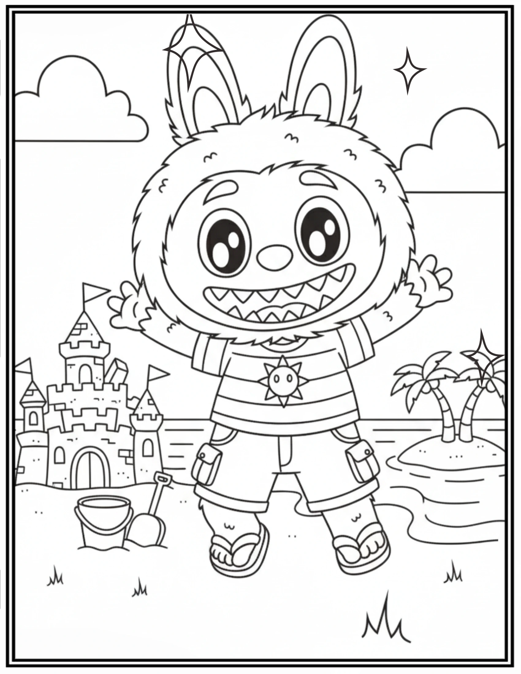 Labubu Happy A Sunny Day At the Beach Coloring Pages