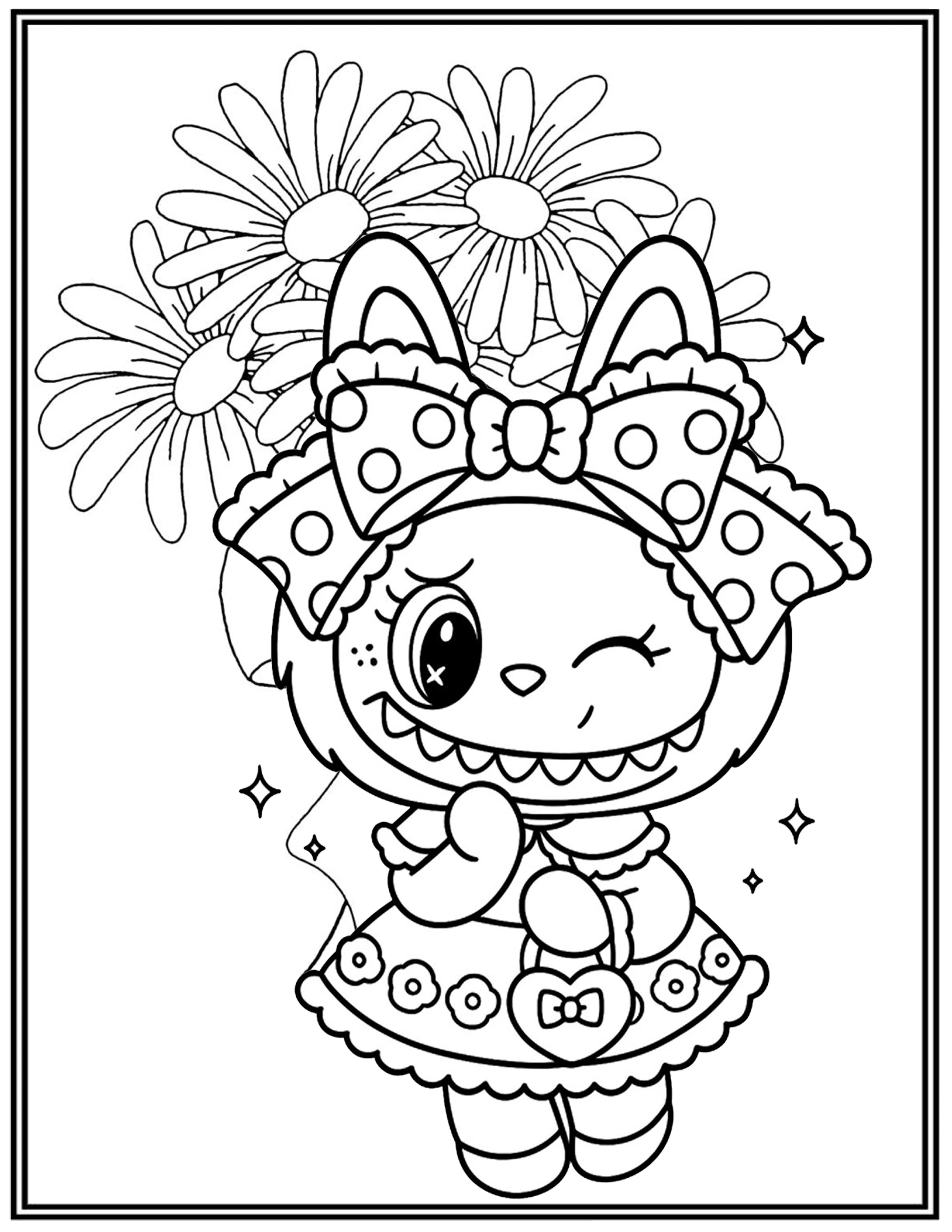 Cute Labubu Lovely Dress with A Big Polka Dot Ribbon Coloring Pages