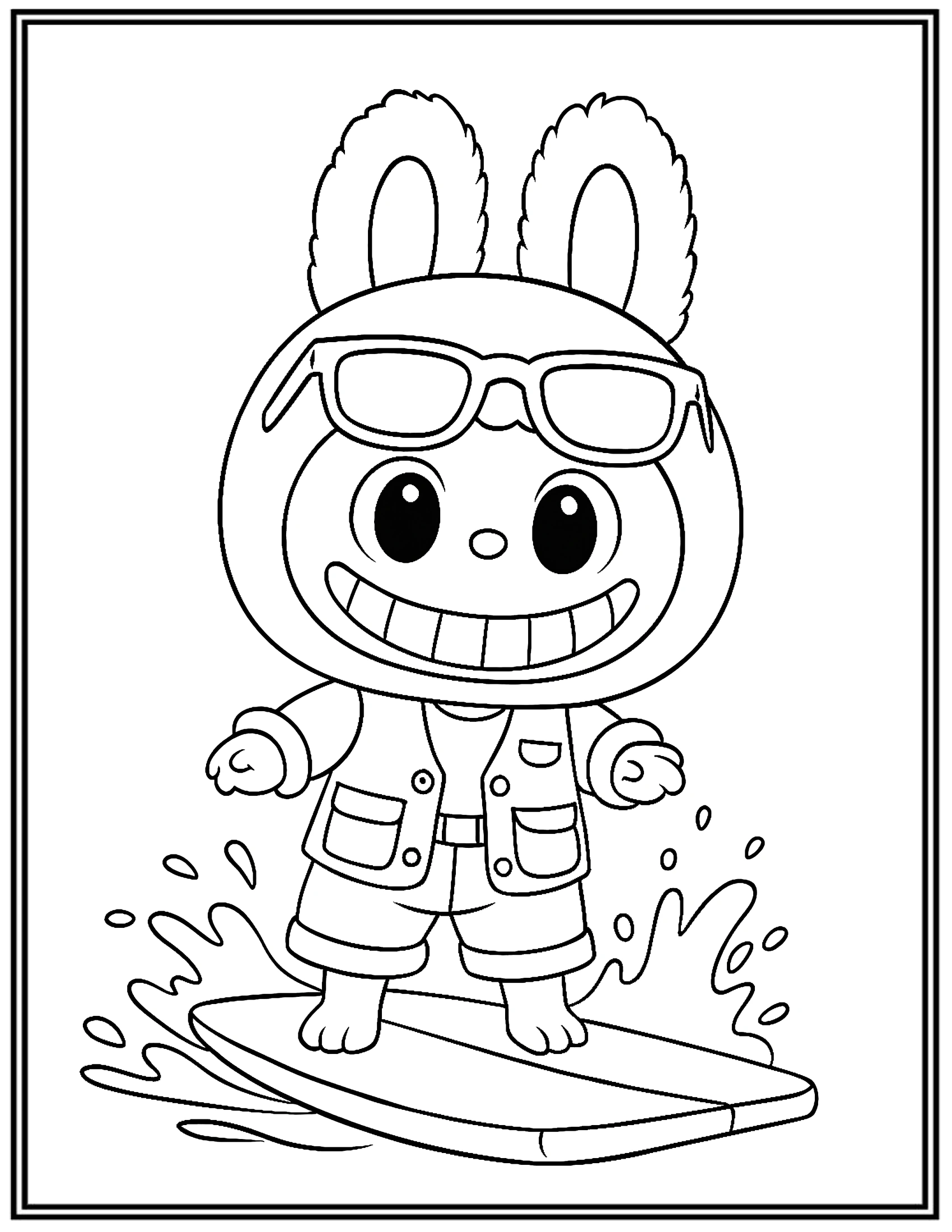 Labubu Surfing On A Board With A Bright and Cheerful Expression Coloring Pages