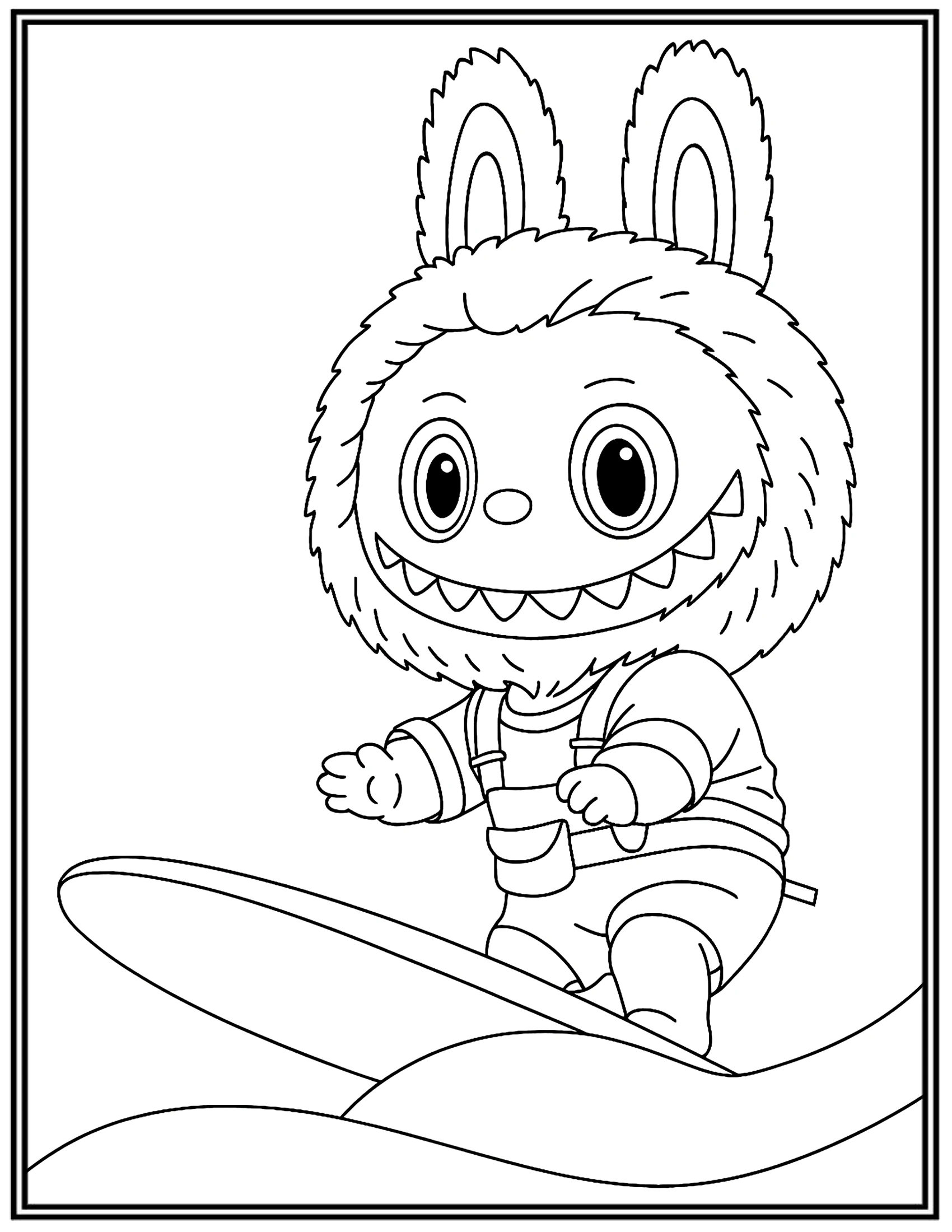 Labubu Surfing With a Cheerful Expression Coloring Pages