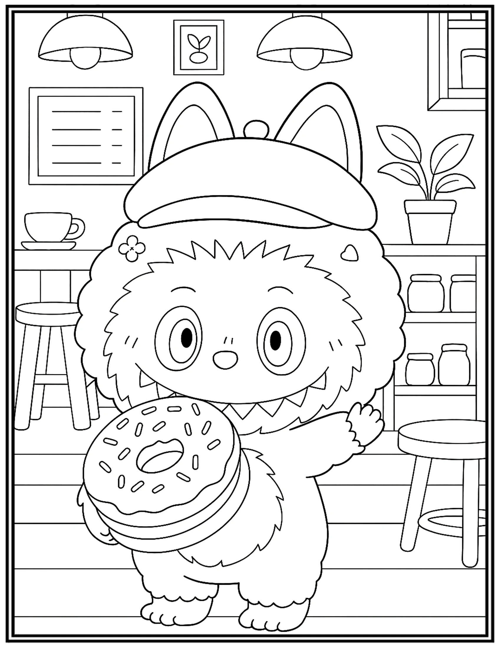 Labubu Happy Morning Eating Donut Coloring Pages