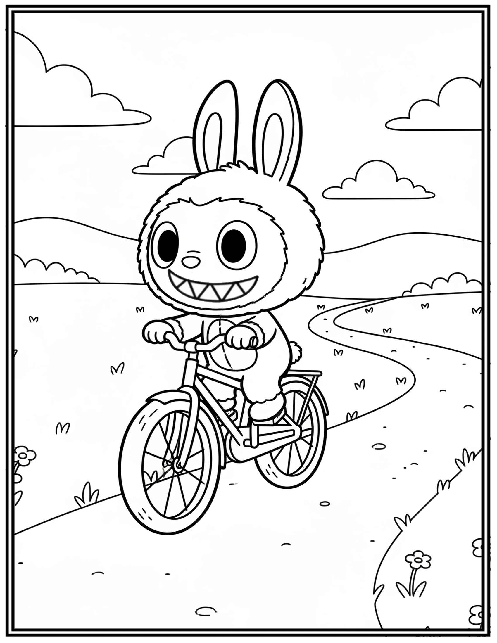Countryside Path Labubu Riding Bike Coloring Pages