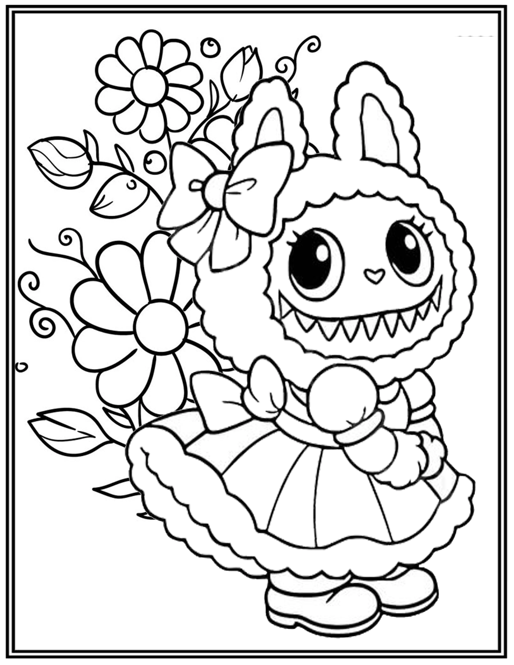Cute Labubu Cute Dress With Big Ribbon On Her Head Coloring Pages