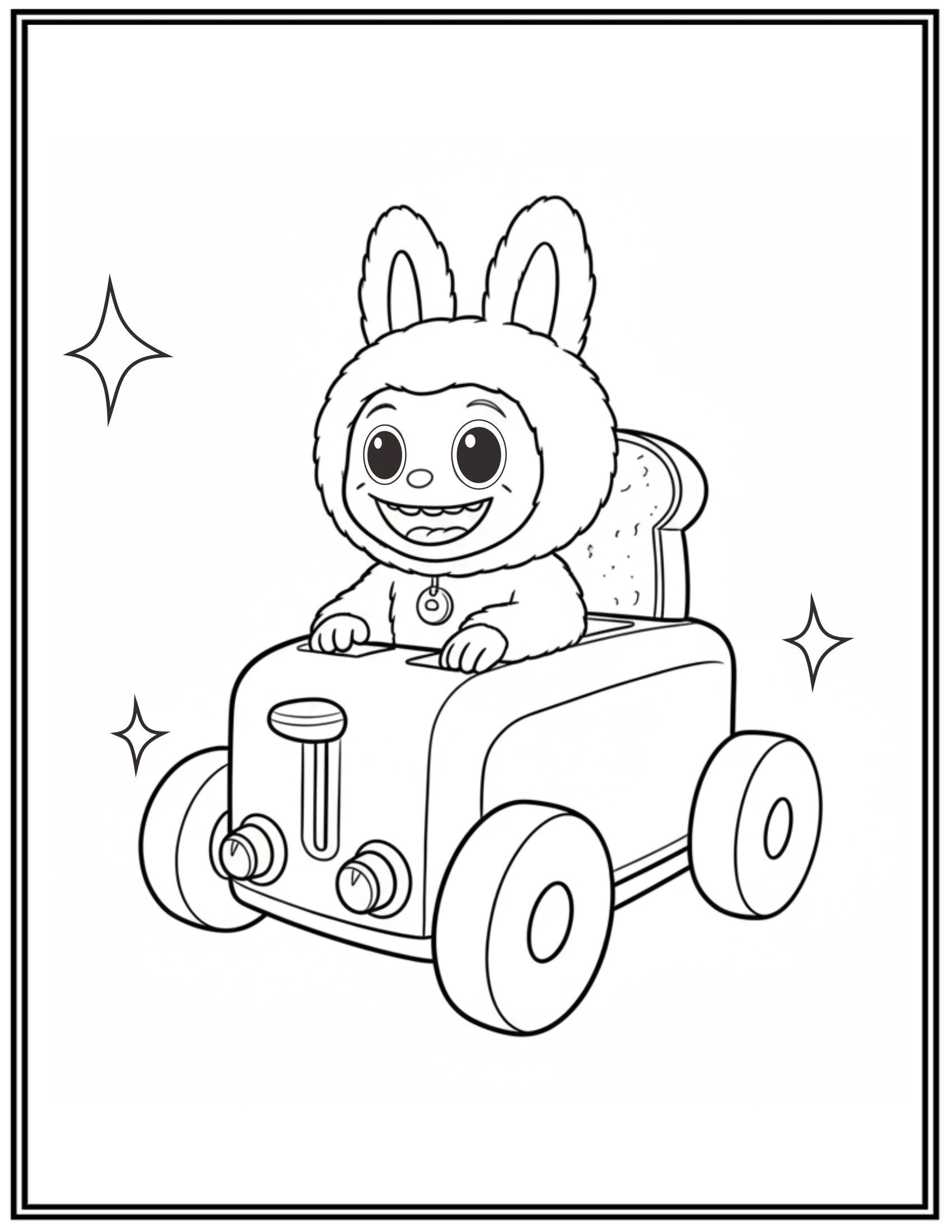 Happy Smile Labubu Riding Cute Toy Car Coloring Pages