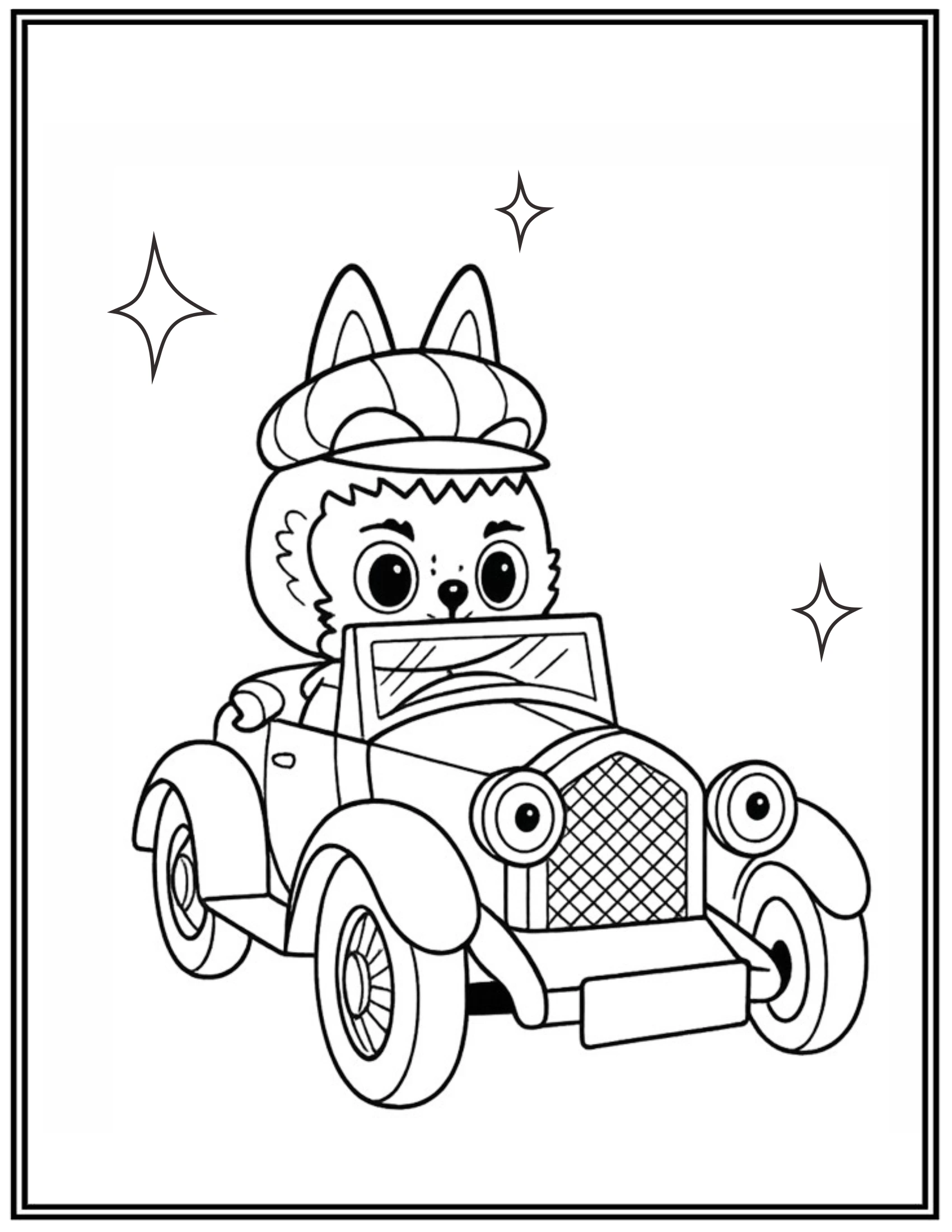 Vintage Classic Style of Labubu Riding Cute Car Coloring Pages