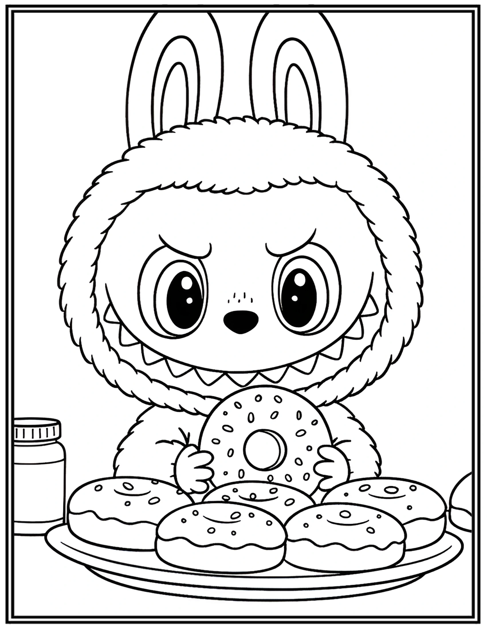 Labubu Enjoy A Plate Full of Delicious Donuts Coloring Pages