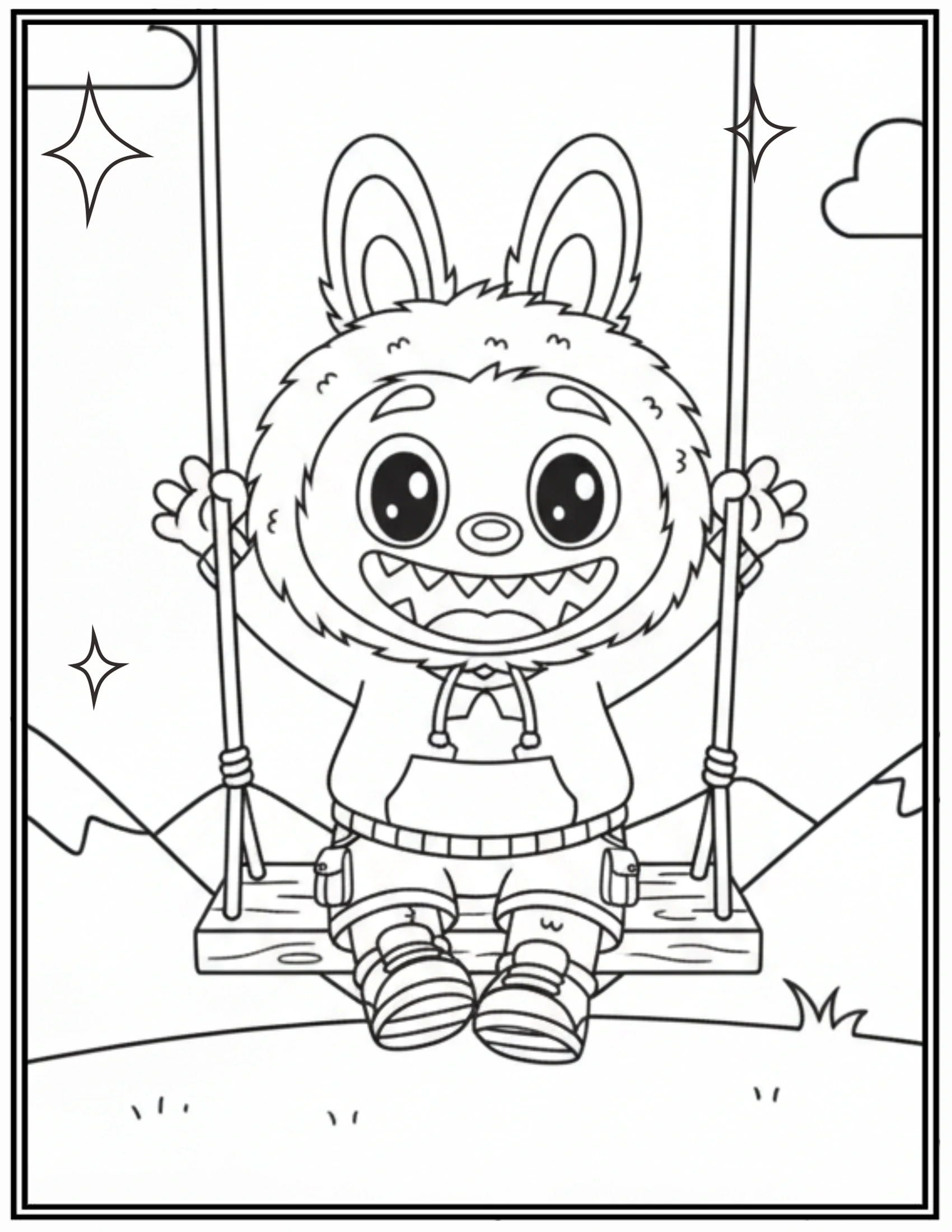 Labubu Happy Playing On A Swing Outdoors Coloring Pages